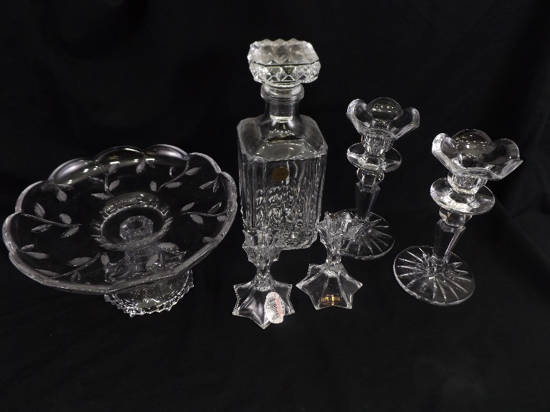 lot 48 image: Lot of Crystal Decanter, Candle Holders, etc.