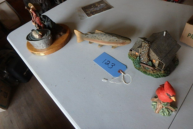 lot 123 image: Redlin House, Carved Fish, Bird, Boy and Dog