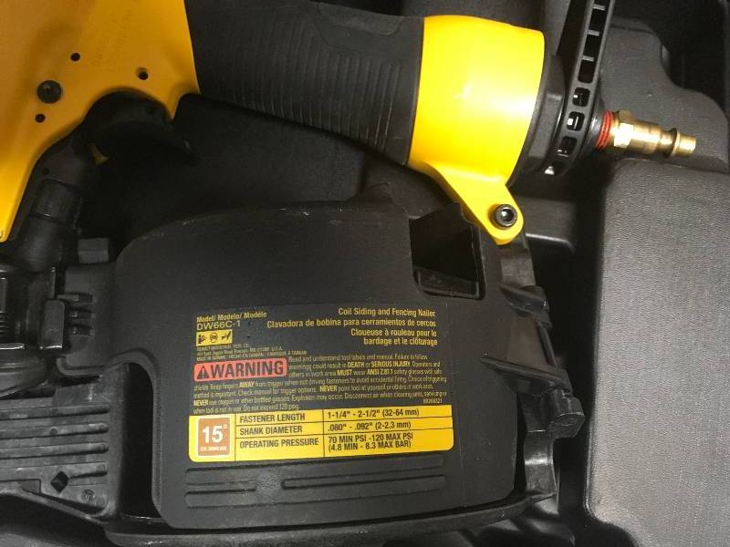 lot 6 image: Dewalt Pneumatic 15-Degree Coil Siding Nailer in working condition