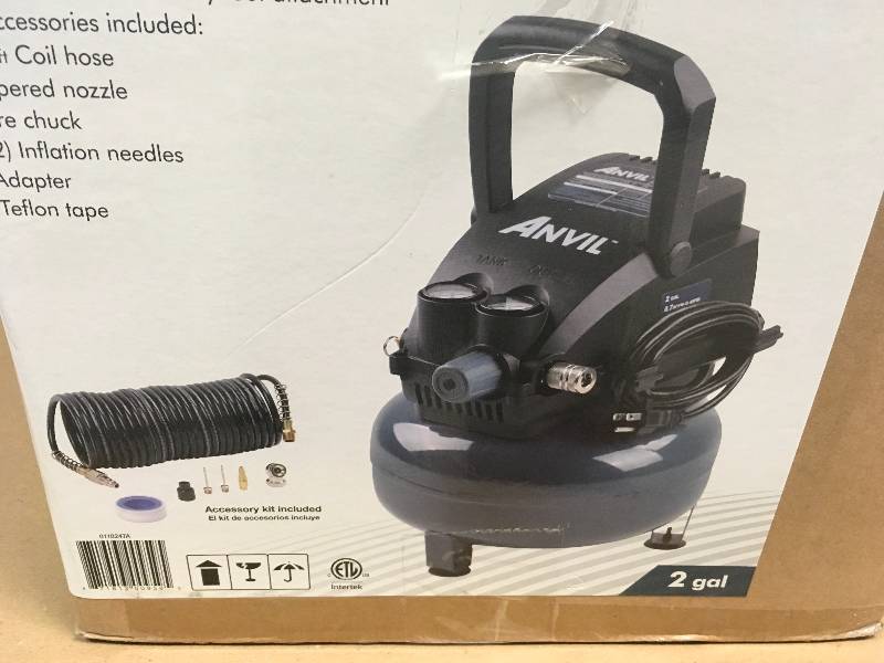 lot 9 image: Anvil 2G Pancake Air Compressor with 7-Pieces Accessories Kit open box in like new condition