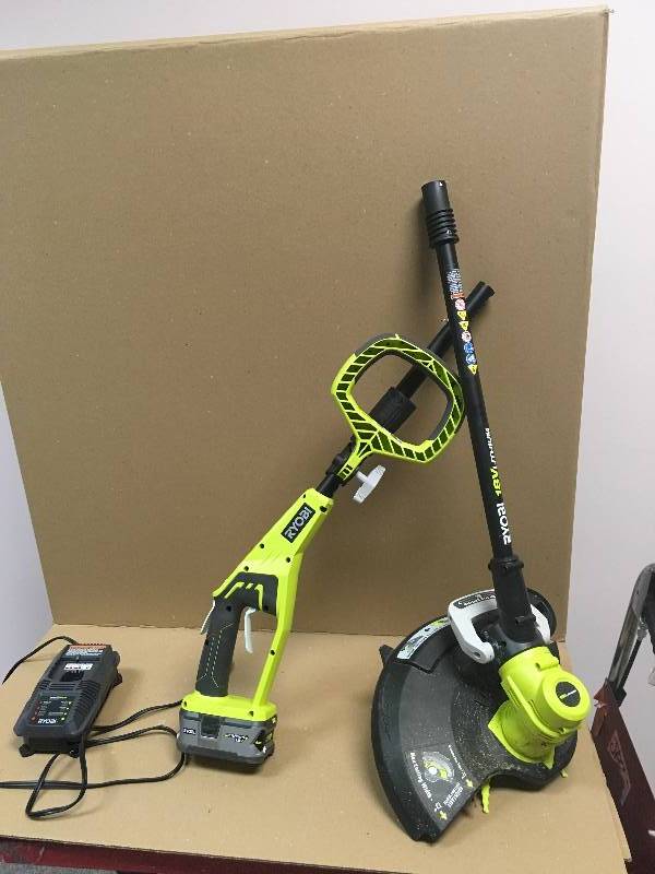 lot 16 image: Ryobi ONE 18-Volt Lithium-Ion Cordless Electric String TrimmerEdger Battery and Charger  Included used in working condition