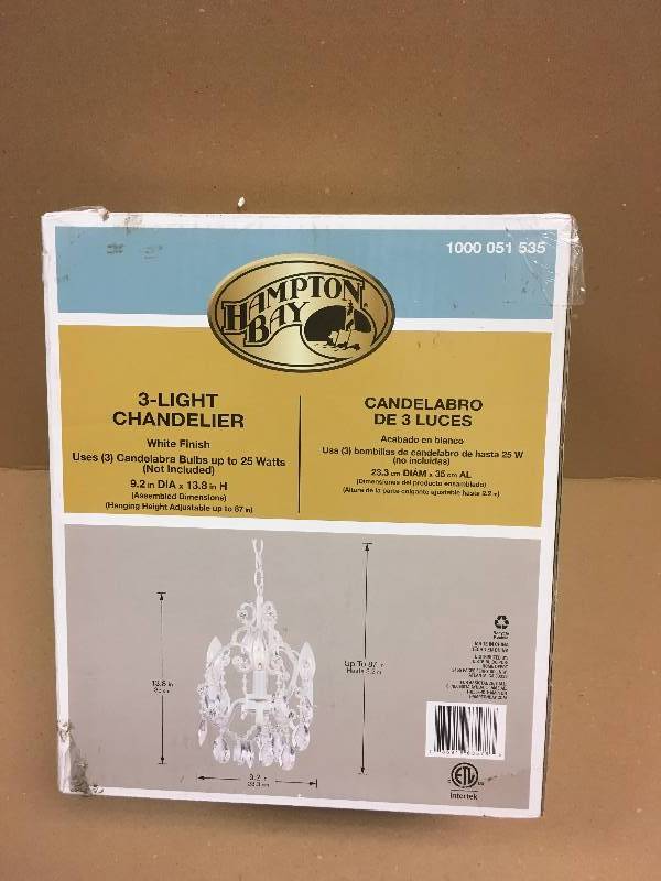 lot 20 image: Hampton Bay 3-Light White Mini Chandelier with Crystal Drops and Crystal Bead Strands not used