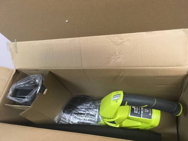 lot 24 image: Ryobi ONE 150 MPH 200 CFM 18-Volt Lithium-Ion Hybrid Leaf BlowerSweeper - 1.3 Ah Battery and Charger Included open box in like new condition