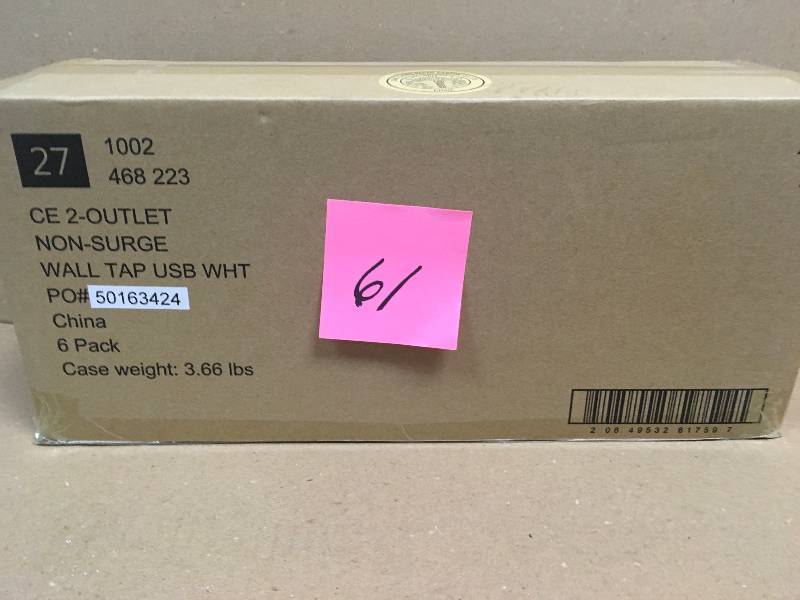 lot 61 image: Commercial Electric 2 Outlet non Surge Charge Wall Tap USB White 6 Pack New