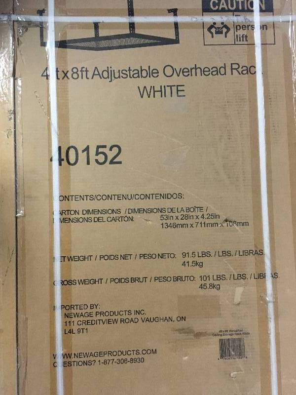 lot 74 image: New Age 4 ft x 8 ft adjustable overhead rack new white