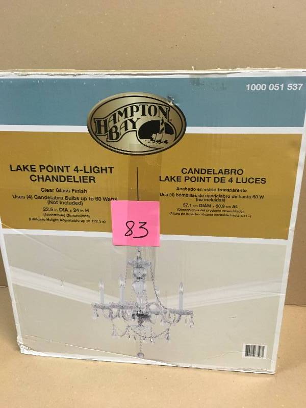 lot 83 image: Hampton Bay Lake Point 4-Light Chrome and Clear Crystal Chandelier new