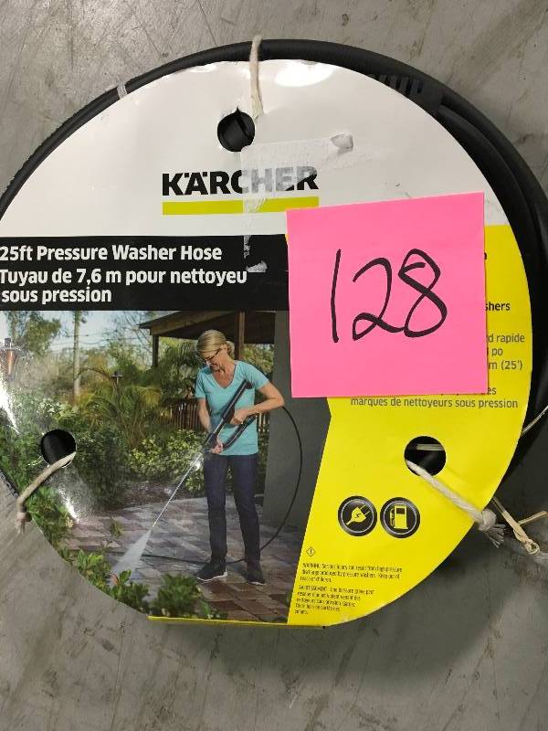 lot 128 image: Karcher 25 ft. Pressure Washer Hose with Quick-Connect and M22 Adapters not used