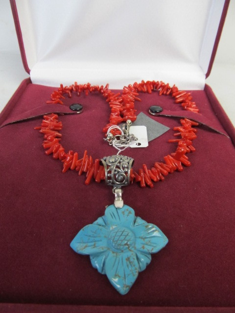 lot 88 image: Large Sterling Silver Red Coral & Turquoise Southwestern Necklace