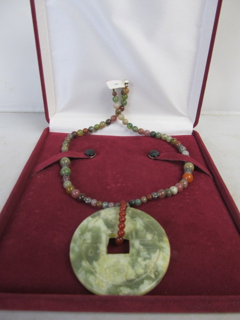 lot 89 image: Large Sterling Silver & Jade Oriental Style Pendant Necklace