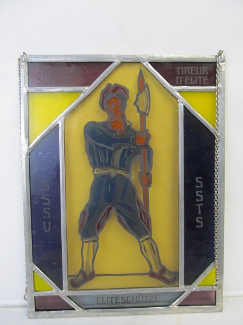 lot 94 image: Vintage Stained Glass Military SniperMarksman Wall Hanging