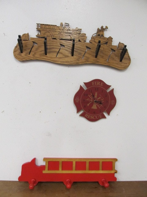 lot 116 image: Fire Engine CoatHat Racks and Wooden Clock