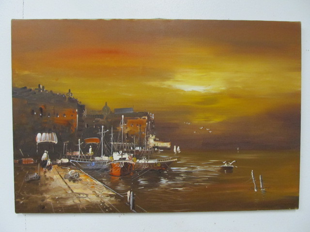 lot 121 image: Original Mid-Century Modern Style Waterfront Scene Signed