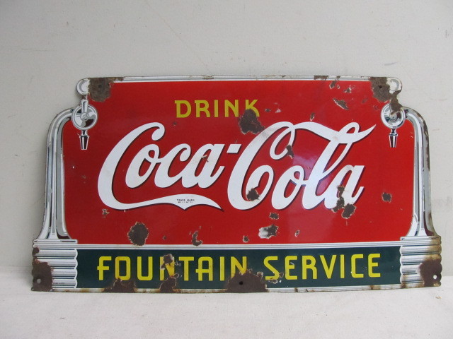 lot 1 image: Original 1939 COCA COLA Fountain Service Porcelain Advertising Sign