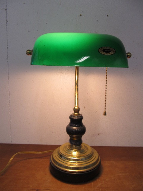 lot 60 image: Vintage BrassOnyx Bankers Lamp wHand Blown Green Glass Shade