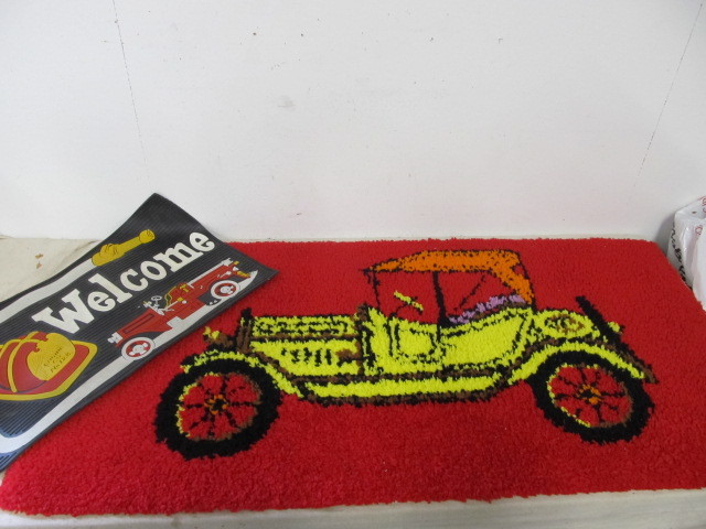 lot 180 image: Firefighting Welcome Mat & Vintage Classic Car Hooked Rug