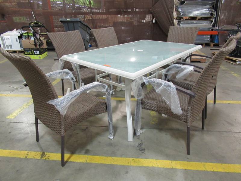 lot 9 image: STATESVILLE RECTANGULAR GLASS PATIO TABLE WITH 6 CHAIRS