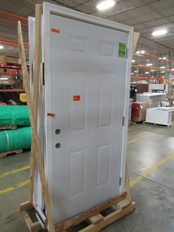 lot 18 image: PREMIUM 6-PANEL PRIMED WHITE STEEL PREHUNG FRONT DOOR WITH 36 IN. LEFT-HAND OUTSWING AND 6 IN. WALL