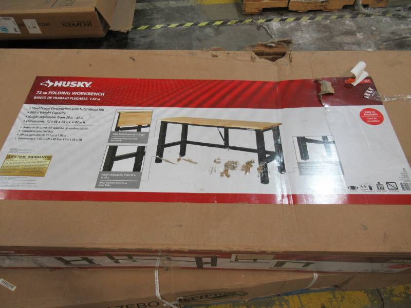 lot 19 image: HUSKY STEEL AND WOOD FOLDING ADJUSTABLE HEIGHT GARAGE WORKBENCH IN BLACK