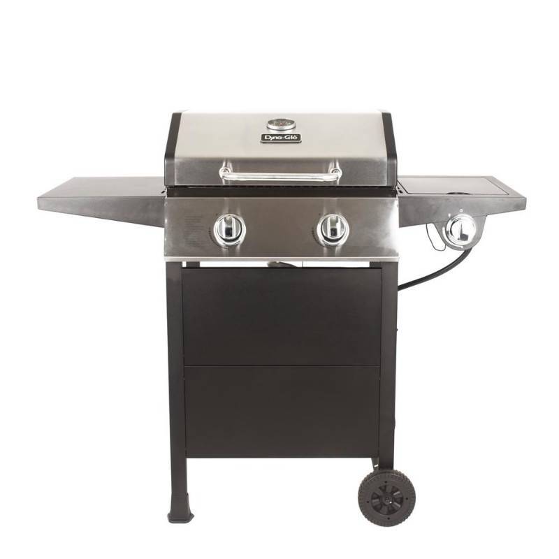 lot 35 image: DYNA-GLO 2-BURNER OPEN CART PROPANE GAS GRILL IN STAINLESS STEEL AND BLACK WITH SIDE BURNER