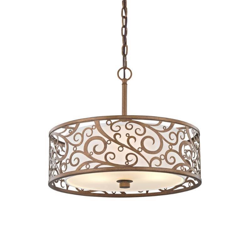 lot 67 image: 4 CAROUSEL 3-LIGHT BURNISHED GOLD PENDANT WITH FROSTED GLASS DIFFUSER