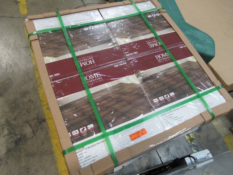 lot 121 image: (4) BOXES HAND SCRAPED STRAND WOVEN WARM GREY 12 IN. T X 15-38 IN. W X 15-38 IN. L ENGINEERED CLICK BAMBOO TILE FLOORING