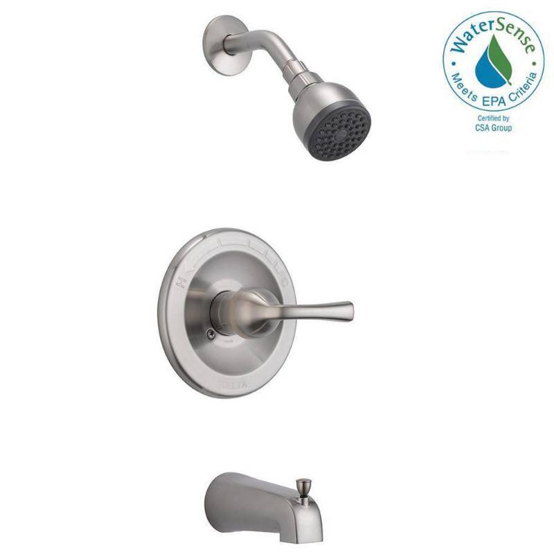 lot 140 image: DELTA FOUNDATIONS SINGLE-HANDLE 1-SPRAY TUB AND SHOWER FAUCET IN STAINLESS