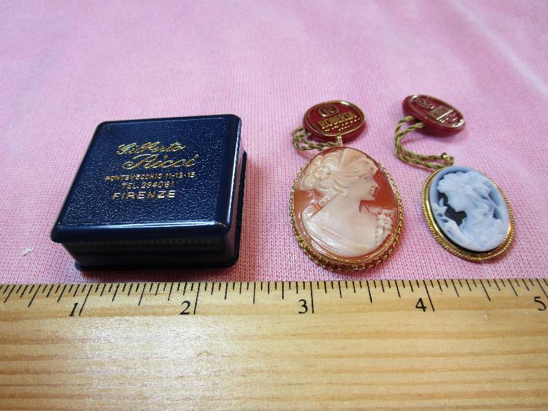 lot 149 image: TWO 14K ROBERTA GIORELLI CAMEO PIN PENDANTS, 10.2 GRAMS
