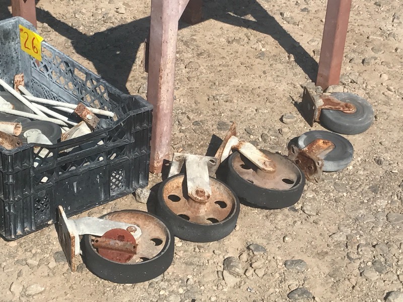 lot 26 image: Crate Of Assorted Caster Wheels & Steel Machine Frame