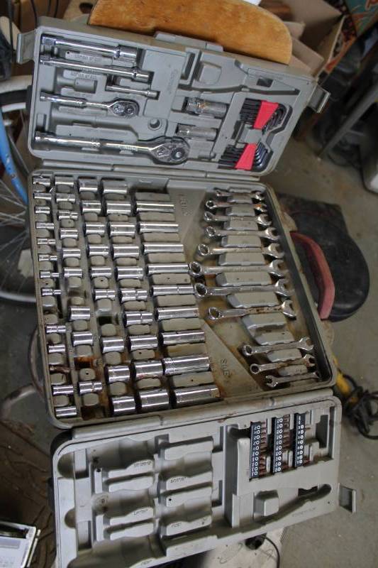 lot 682 image: Tool Box w Ratchet, Sockets, Wrenches, Allen Wrenches, Pliers, Screwdriver, Bits