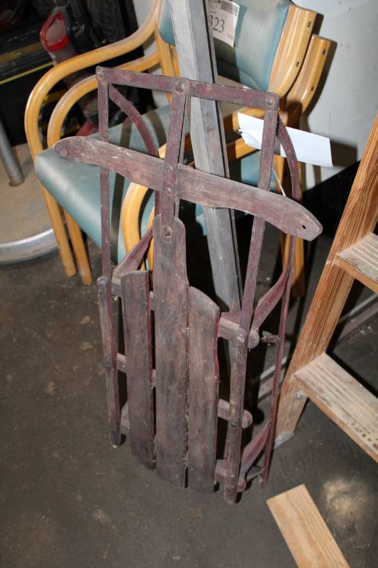 lot 356 image: Wood Sled w Metal Frame, Runners