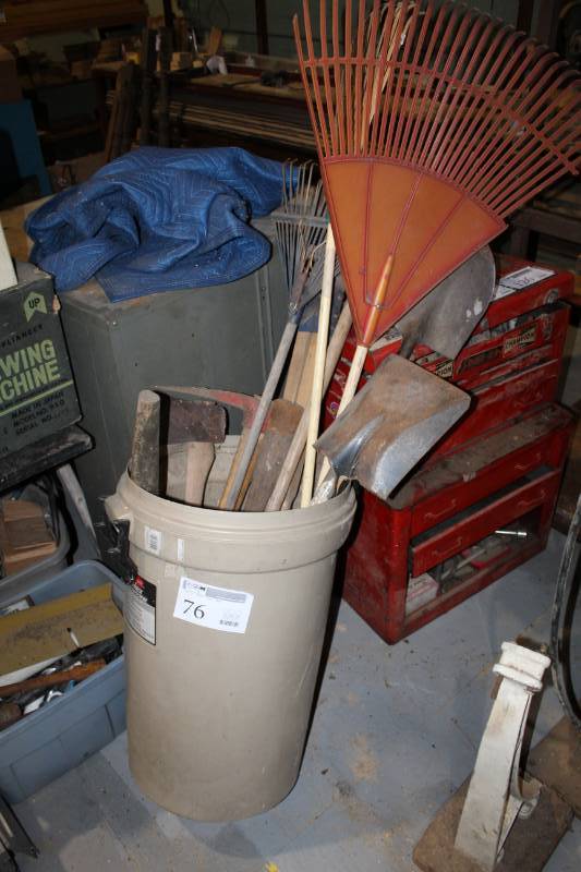 lot 76 image: Pick, Rake, Shovel, Spade, Axe, Post Hole Digger