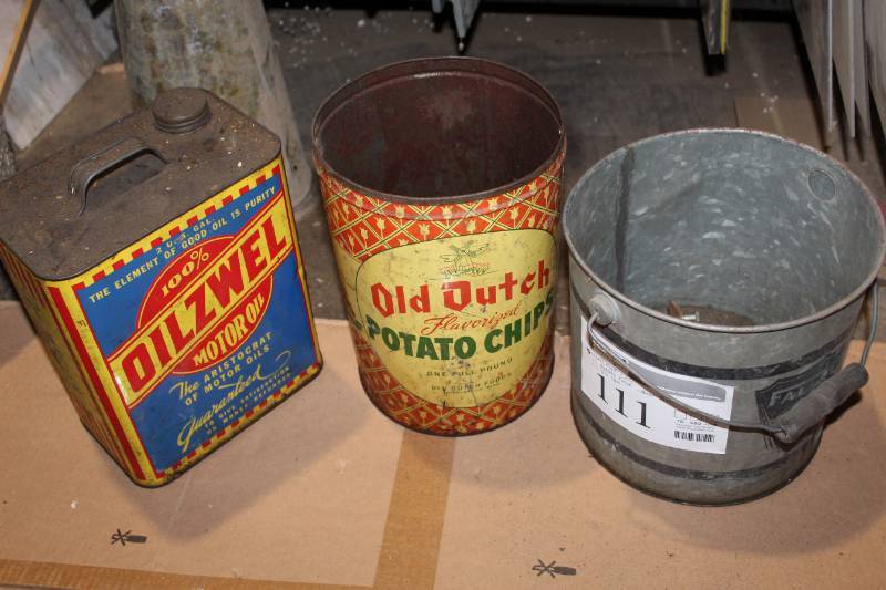 lot 111 image: Lot of (3) Vintage Storage Cans - Oil, Potato Chip, Beer Bucket