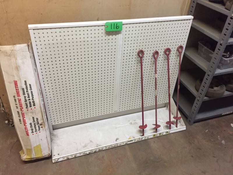 lot 116 image: Pegboard stand, anchor posts, clear plastic sheeting