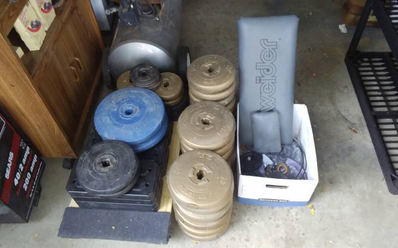 lot 48 image: Weights (approx. 400 Lbs.), Weight Bench Parts, 1-Dolly