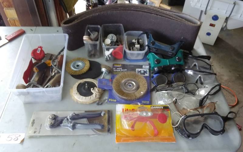 lot 51 image: Sanding Belts, Wire Wheels, Grinder Bits, Welding Goggles, Safety Glasses, Hand Tools