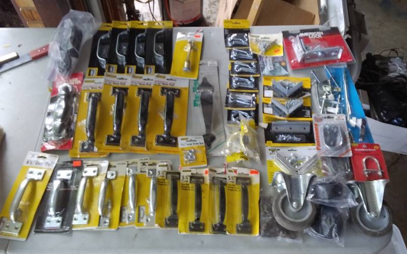 lot 54 image: Most New Hardware Door Pulls, Ceiling Hooks, U-Bolts, Hasps, Angle Enforce, More