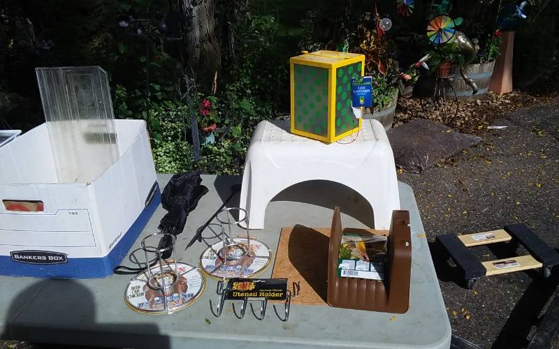 lot 57 image: 2-Beer Can Chicken Cookers, Hose Holder, Step Stool, Lantern, Misc