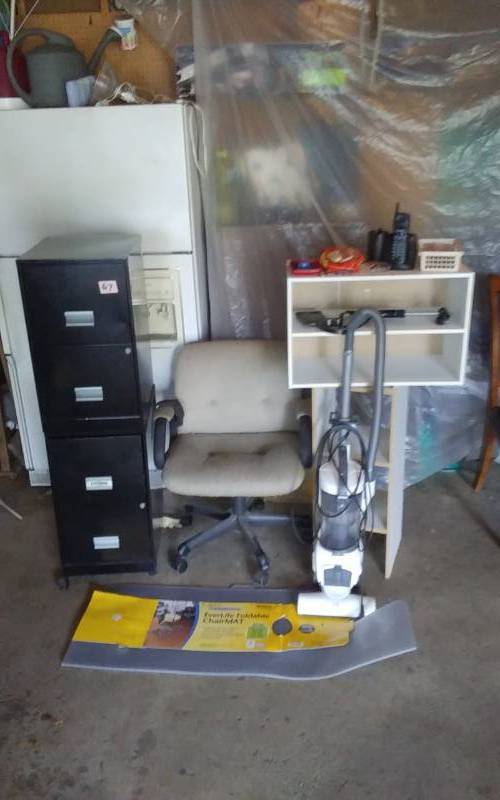 lot 67 image: Office Chair, Chair Mat, Rolling File Cabinet, Shelves, Easy Home Vacuum