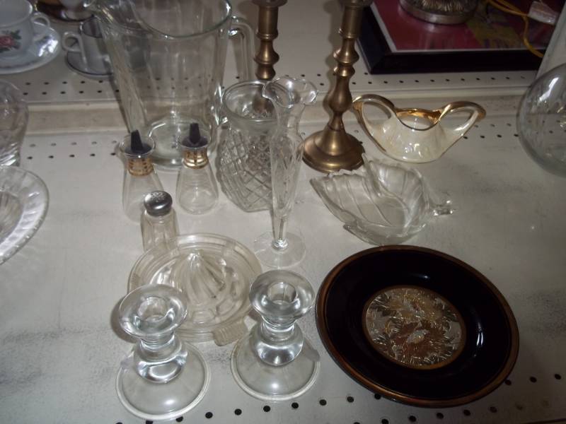 lot 92 image: Brass Candle sticks with Glassware
