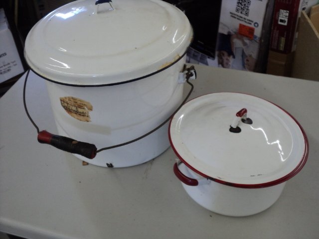 2 enamel pans and covers...