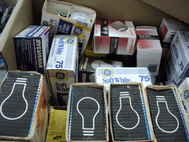 box of lightbulbs and supplies...