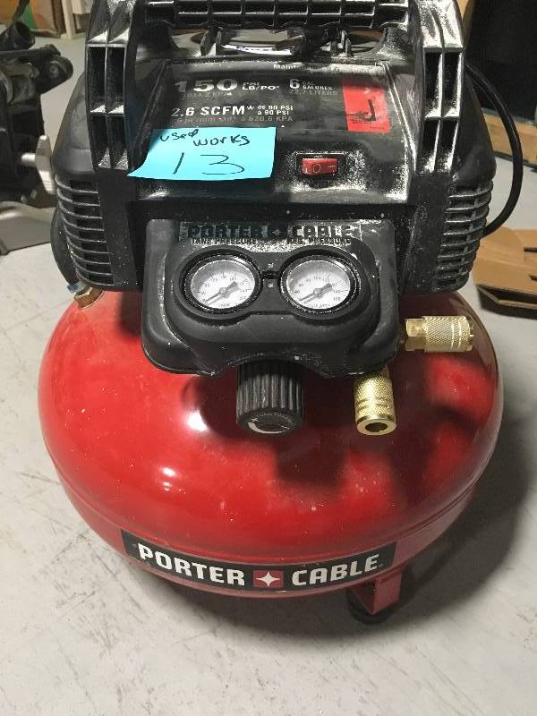 lot 13 image: Porter Cable 6 Gal. 150 PSI Portable Electric Pancake Air Compressor Used in Good Conditions