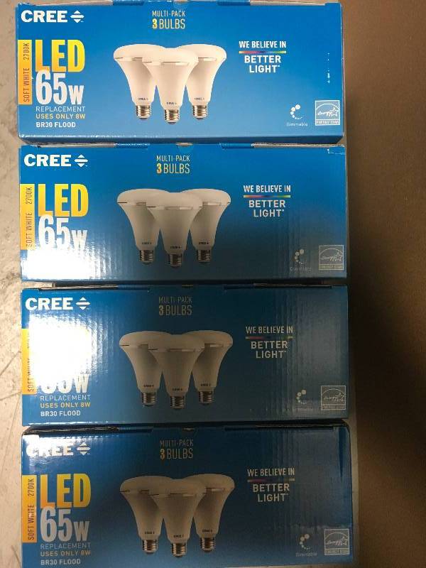 lot 18 image: Cree 65W Equivalent Soft White (2700K) BR30 Dimmable LED Light Bulb (3-Pack) 4 Boxes in good Conditions