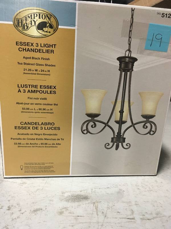 lot 19 image: Hampton Bay Essex 3-Light Aged Black Chandelier with Tea Stained Glass Shades in good Conditions