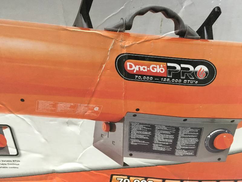 lot 54 image: Dyna-Glo Pro Gas 125K BTU Forced Air LP Gas Portable Heater in Good Condition