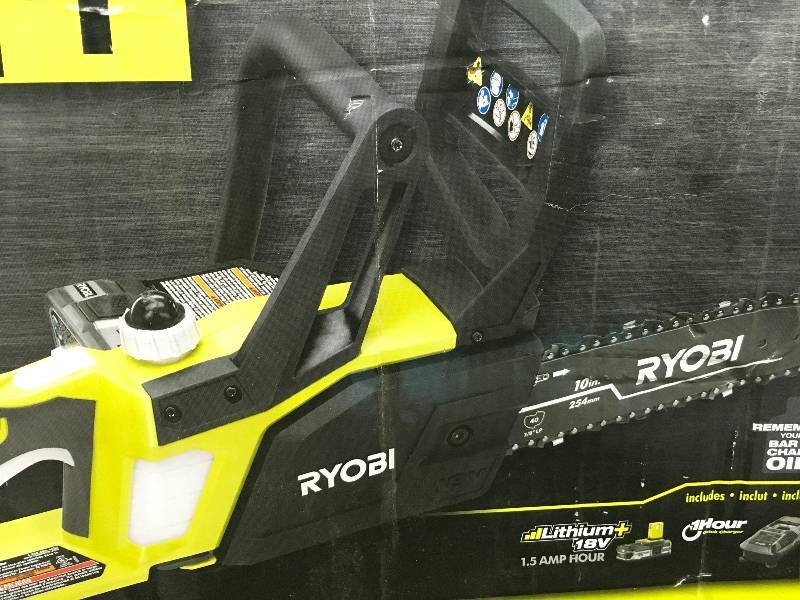 lot 59 image: Ryobi ONE Lithium 10 in. 18-Volt Lithium-Ion Cordless Chainsaw - 1.5 Ah Battery and Charger Included in Good Condition