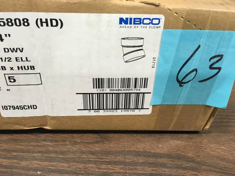 lot 63 image: NIBCO 4 In. ABS 22-12 Degree Elbow (116 Bend) Hub x Hub Qty 5 not used