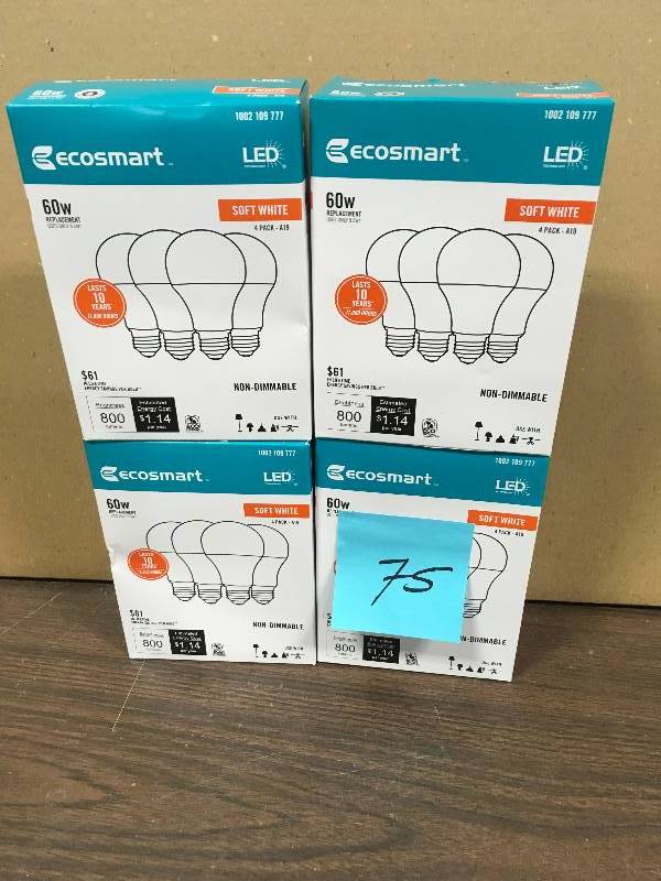 lot 75 image: Lot of 4 EcoSmart 60-Watt Equivalent A19 Non-Dimmable LED Light Bulb Soft White (4-Pack) New