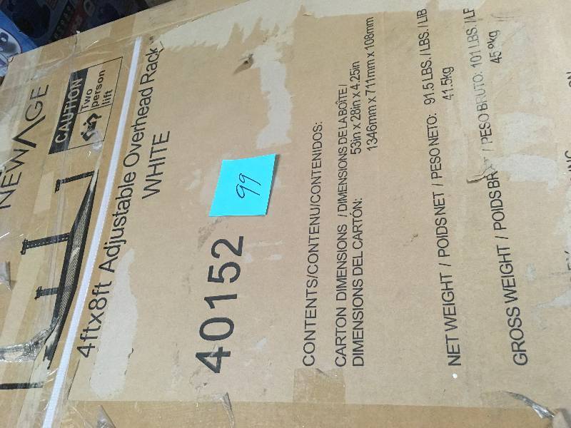 lot 99 image: New Age 4 ft x 8 ft adjustable overhead rack new white