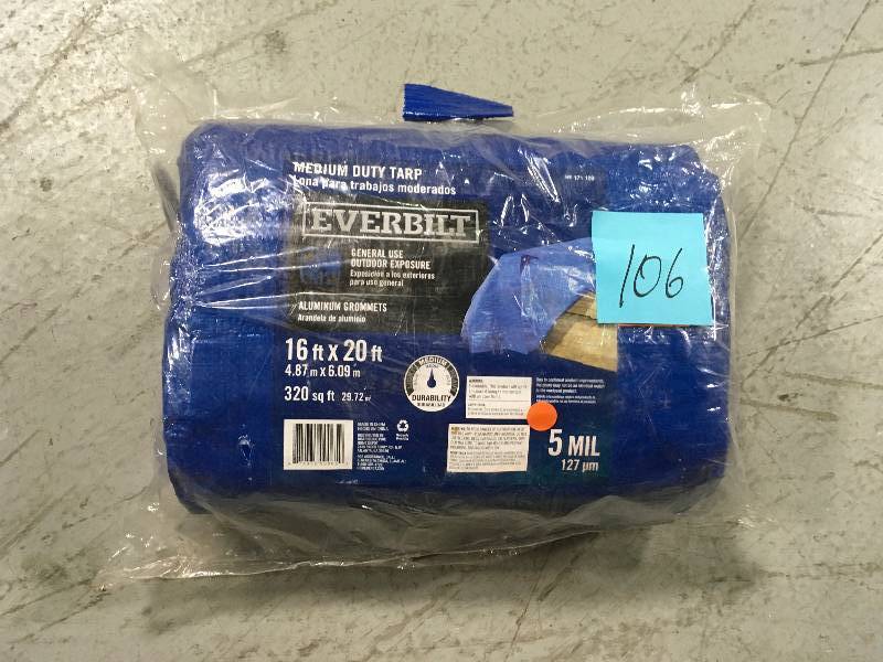 lot 106 image: Everbilt 16  x 20 Blue Tarp